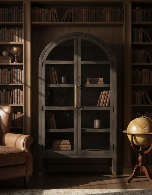 Dark wooden bookshelf with arched top and gold legs on a white background