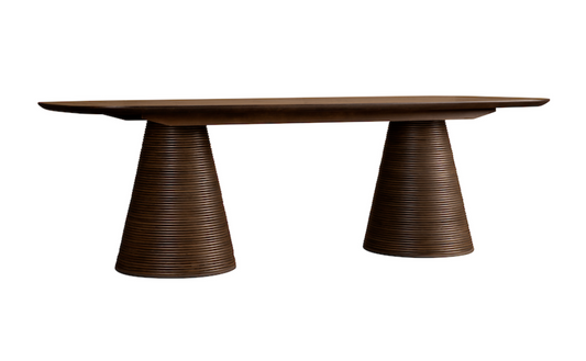A sleek 96-inch wooden dining table with ribbed legs and rounded edges, crafted from solid wood.
