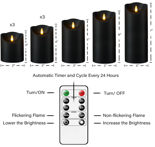 Black LED Flameless Flickering Candles, Set of 9