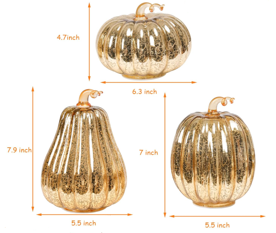 Lighted Gold Mercury Glass Pumpkins, Various Sizes
