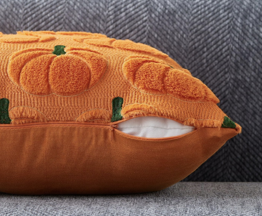 Fuzzy Pumpkin Pillow, Orange w/ Green
