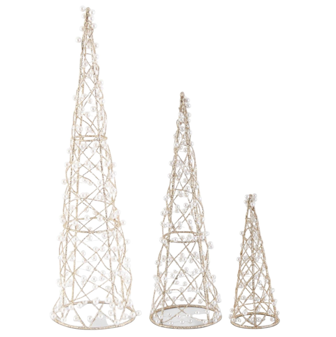 Set of 3 Gold Glittered Cone Trees w/ Pearls