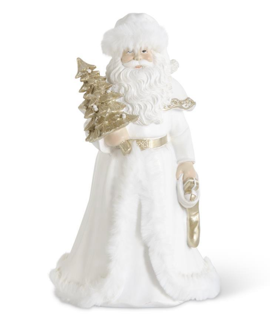 9" White & Gold Resin Santa Holding Package w/ Fur Trim