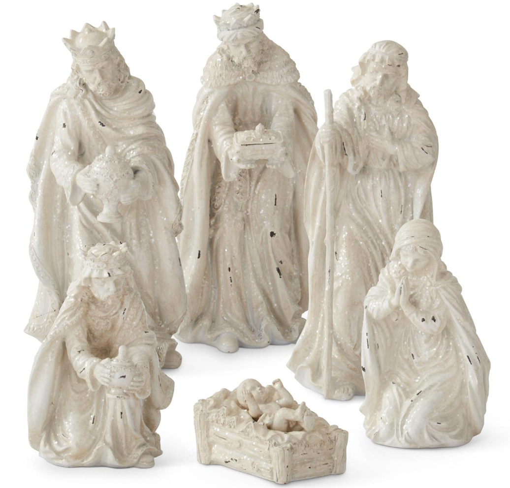 Tabletop White Glittered Nativity Set