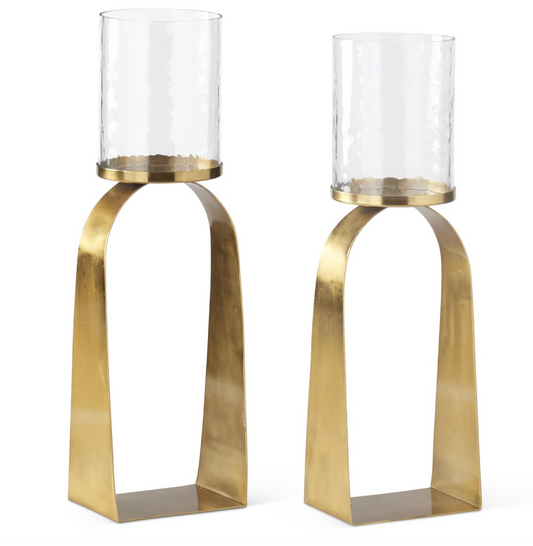 Antiqued Gold & Glass Hurricane Candleholders, Set of 2