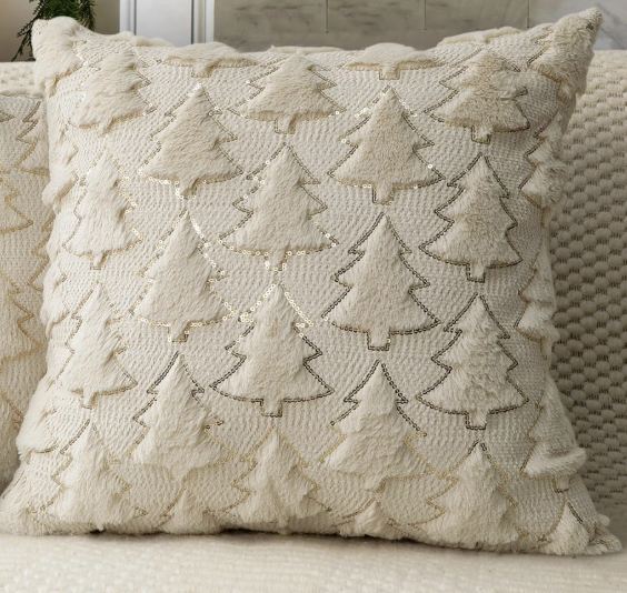 Christmas Tree Pillow, Cream w/ Gold