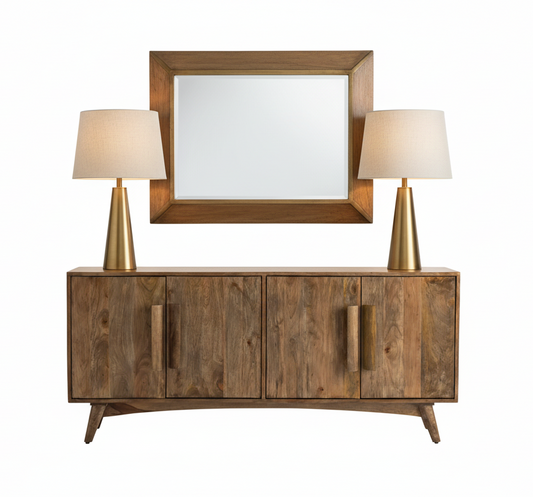 Wooden sideboard with four doors on a white background