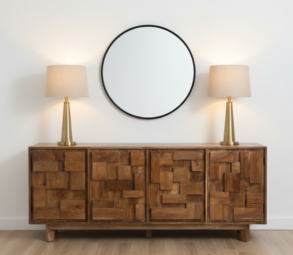 Wooden sideboard with geometric pattern on a white background
