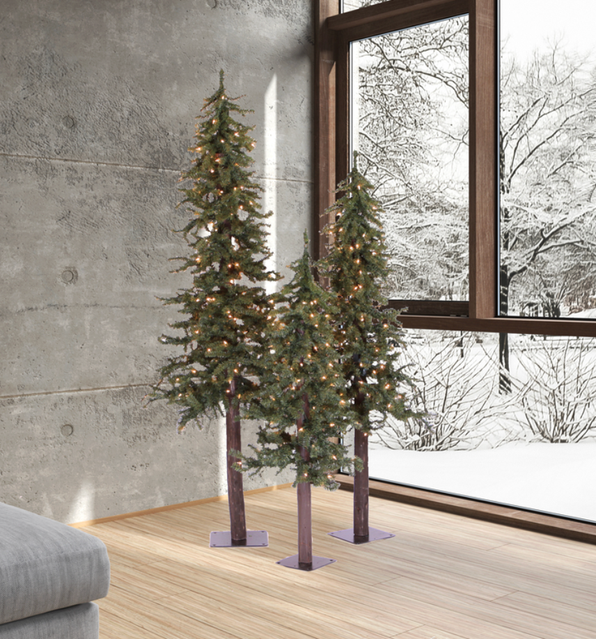 Natural Alpine Trees w/ Warm White Lights, Set of 3