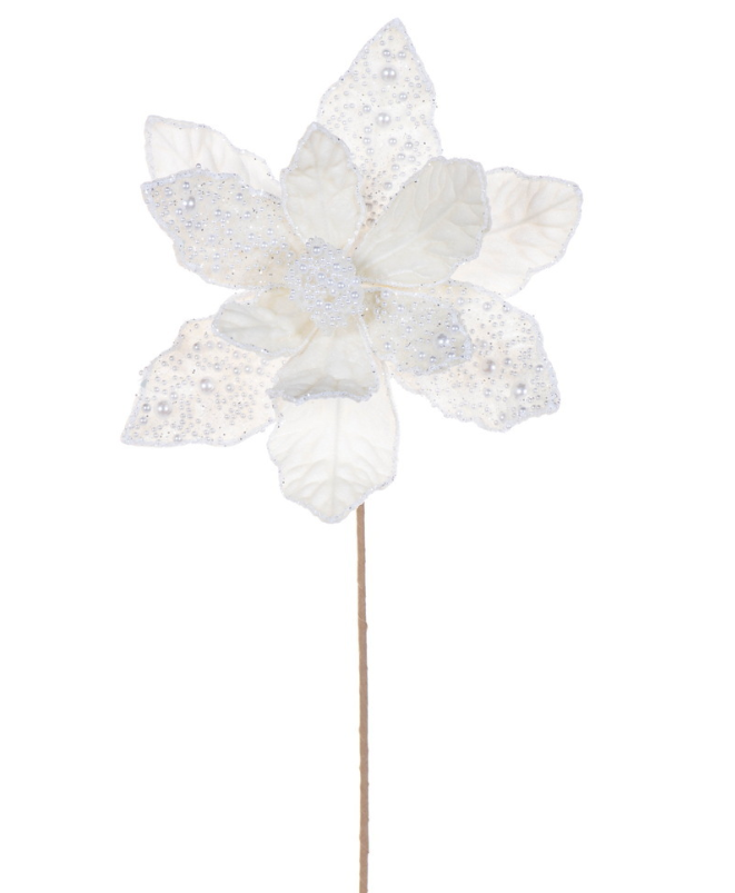 17" Ivory Velvet Pearl Poinsettia Stem