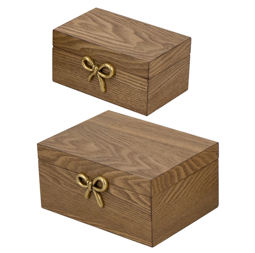 Decorative Wood Boxes w/ Gold Bow Handle, Set of 2