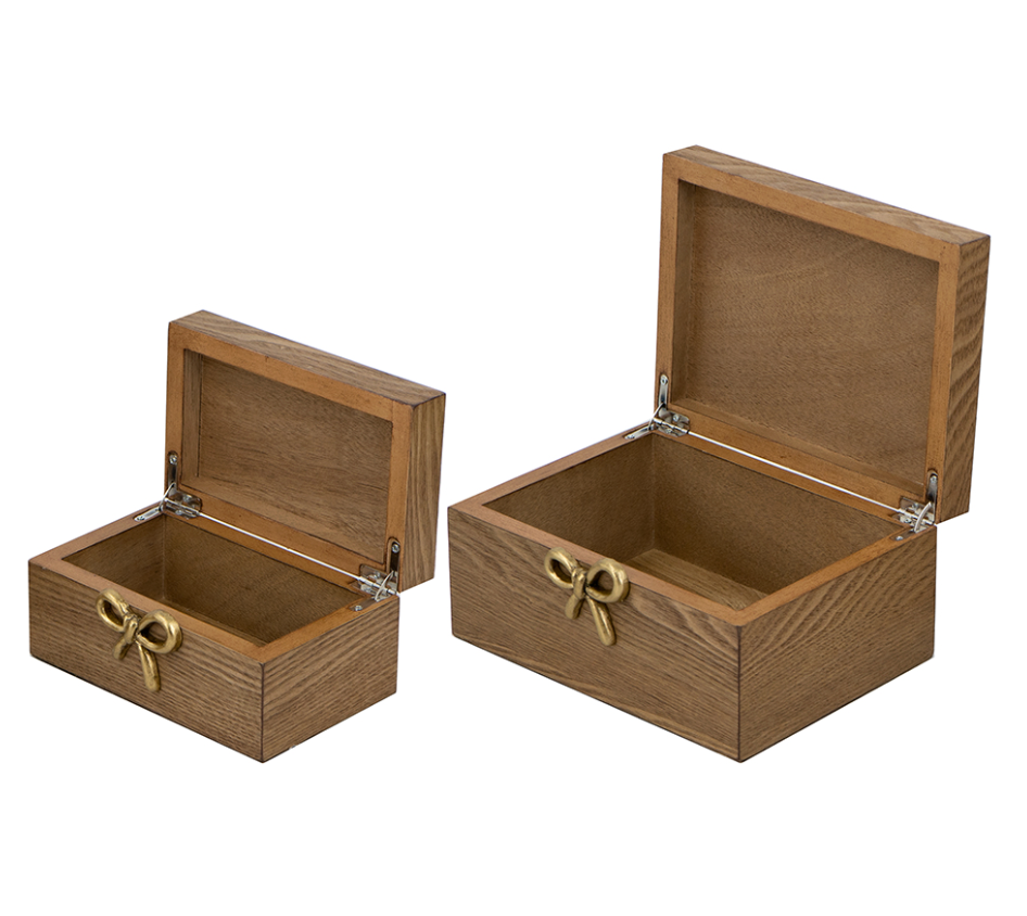 Decorative Wood Boxes w/ Gold Bow Handle, Set of 2