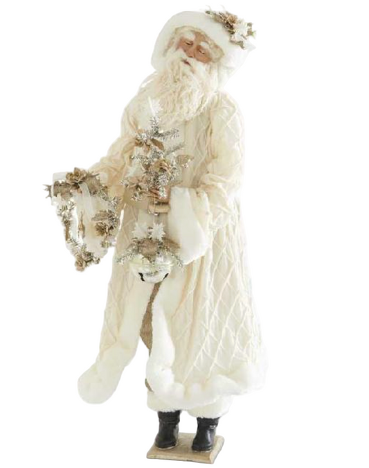 36" Santa in White Coat Holding Wreath