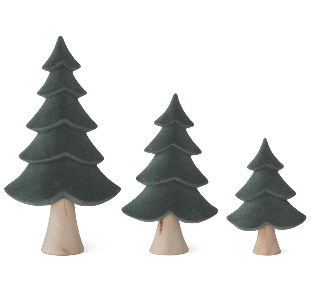 Set of 3 Natural Wood & Sage Green Velvet Flocked Trees