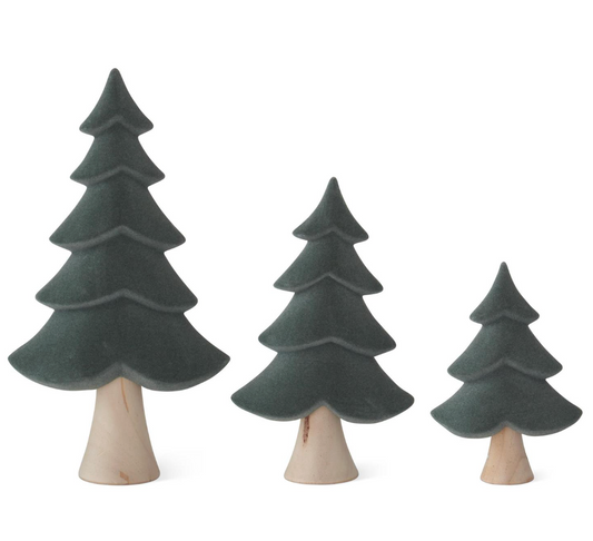 Set of 3 Natural Wood & Sage Green Velvet Flocked Trees