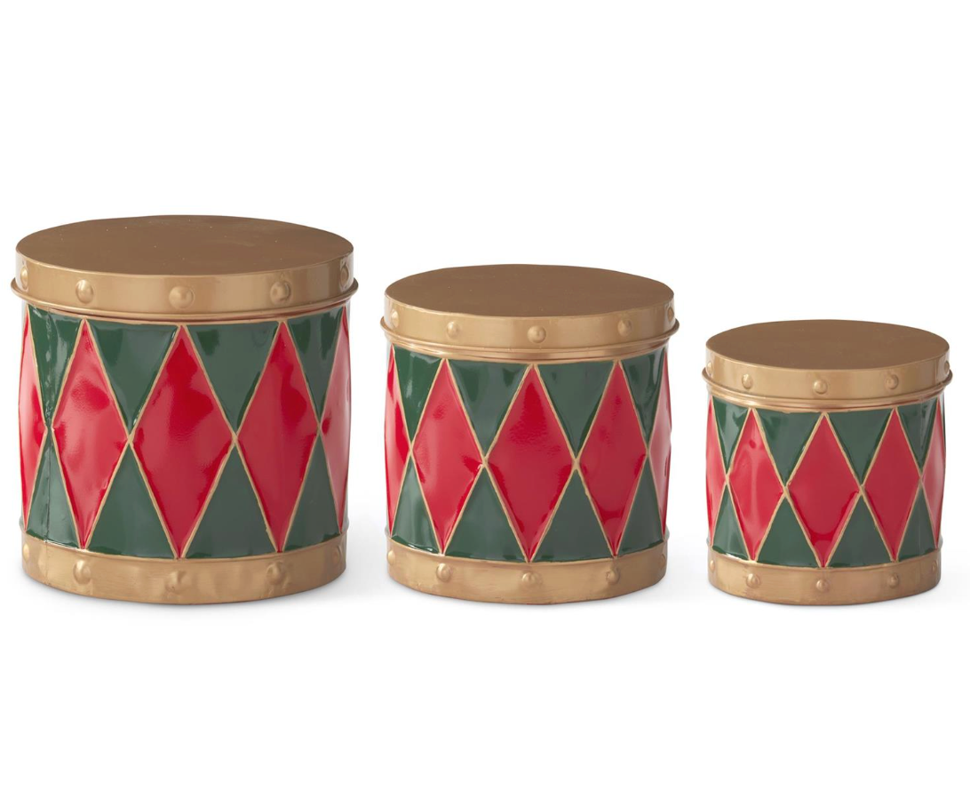 Red & Green Harlequin Metal Drum Containers (Various Sizes)