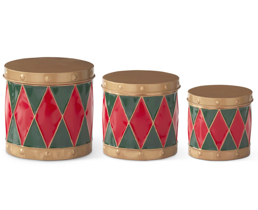 Red & Green Harlequin Metal Drum Containers (Various Sizes)