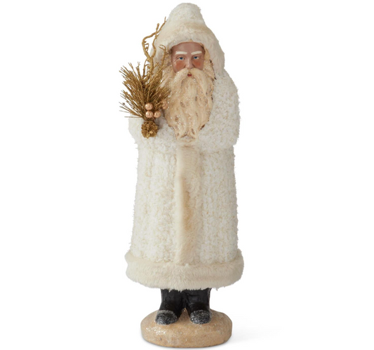 17.5" Santa w/ White Coat Holding Gold Branch