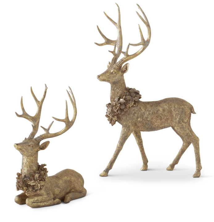 Gold Resin Reindeer with Floral Wreath (Various Sizes)