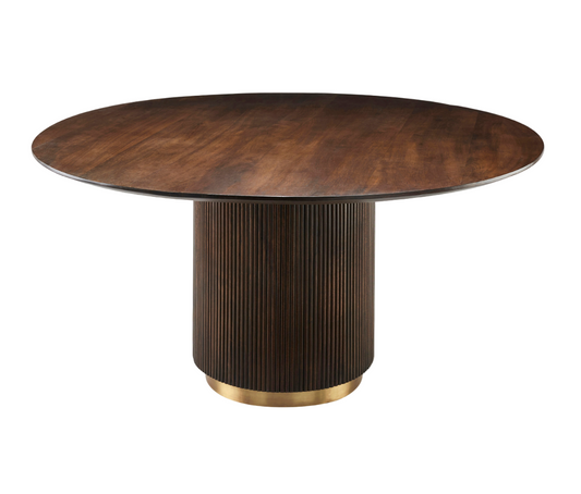 Round wooden table with a ribbed cylindrical base with a gold ring on a white background
