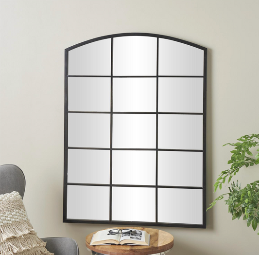 Black Metal Arched Windowpane Mirror, Tall