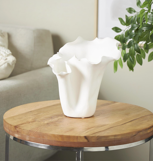 White Abstract Vase w/ Wavy Rim, Short