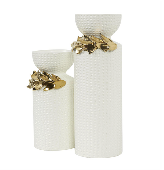 White and Gold Ceramic Pillar Candleholders, Set of 2