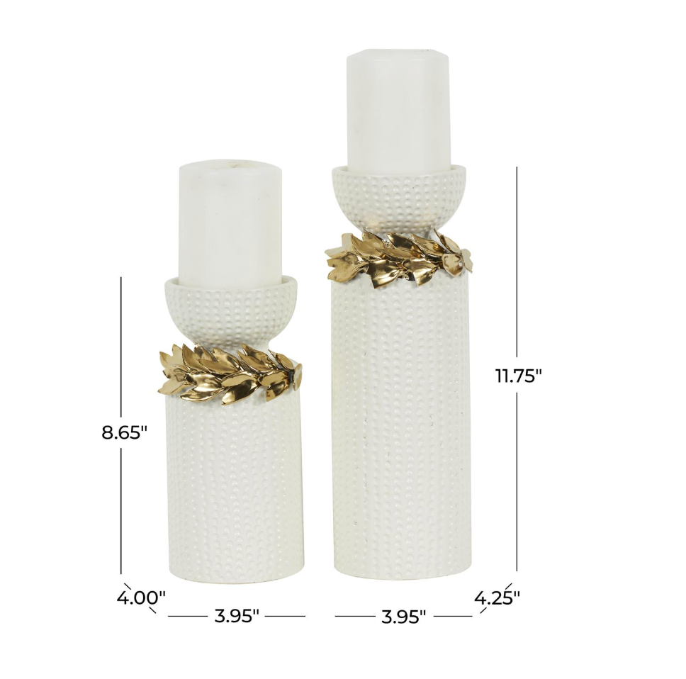 White and Gold Ceramic Pillar Candleholders, Set of 2