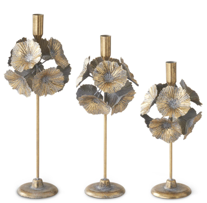 Gold w/ White & Black Metal Tapered Candleholders, Set of 3