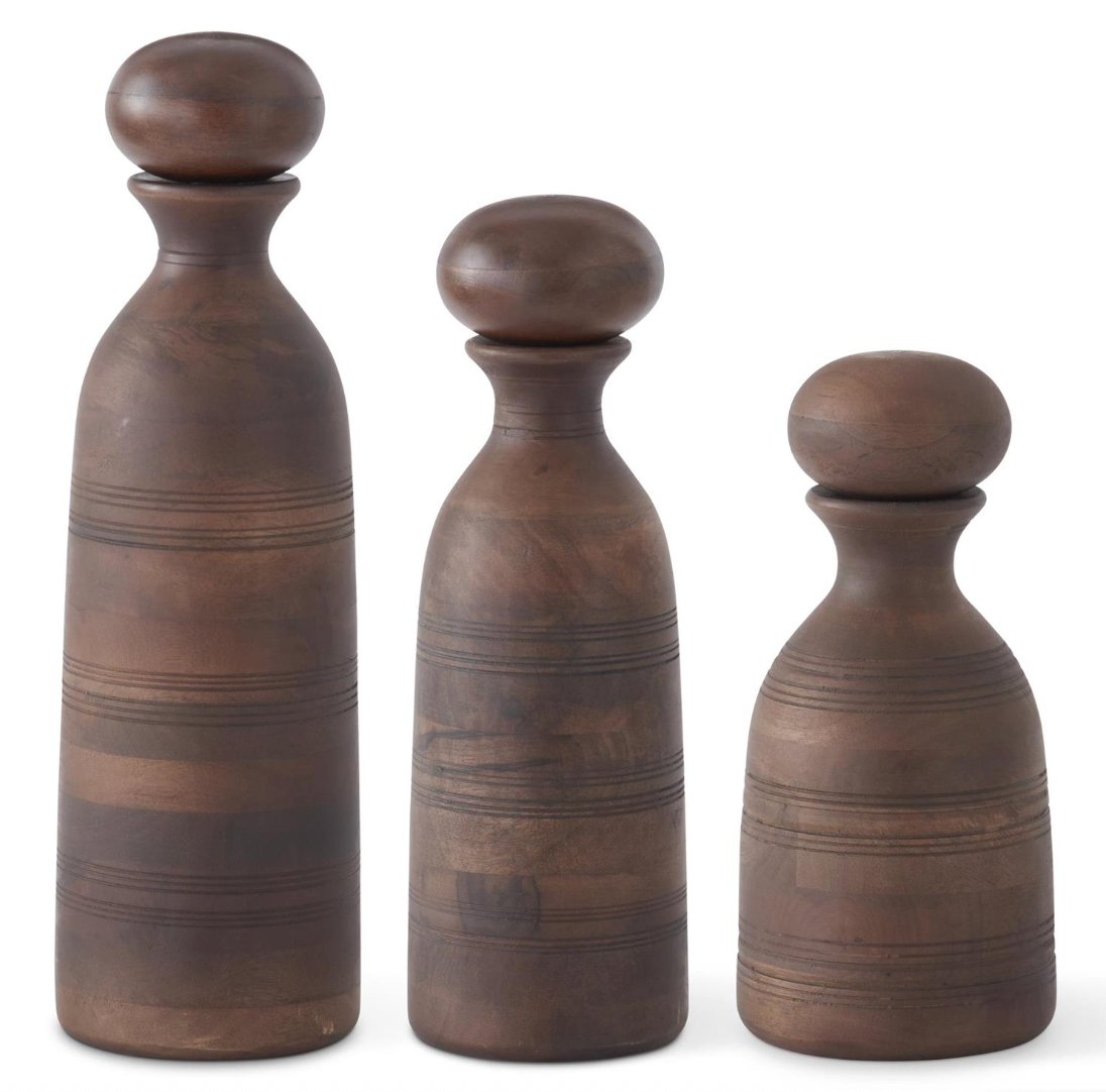 Dark Mango Wood Bottles w/ Stopper, Set of 3