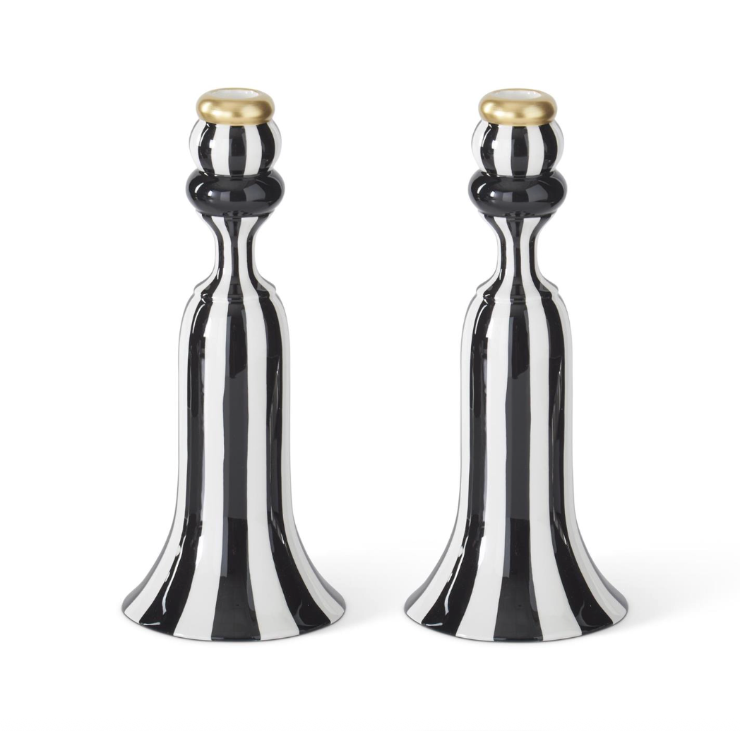10" Black & White Striped Ceramic Tapered Candleholders, Set of 2