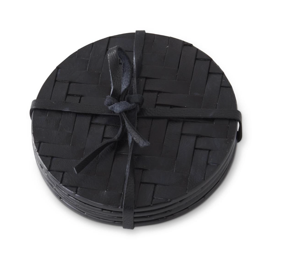 Woven Black Leather Coasters, Set of 4