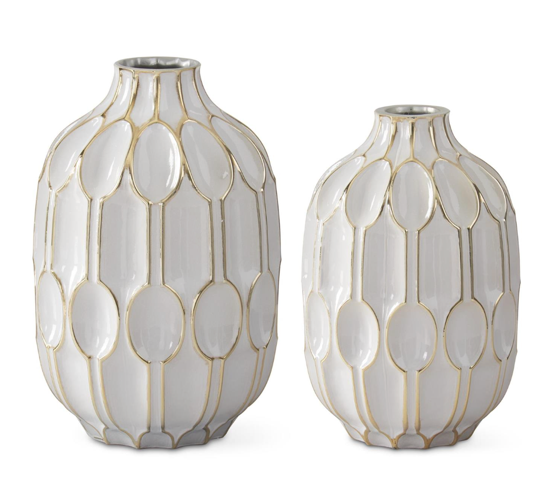 White Glass & Gold Oval Embossed Vase (Various Sizes)