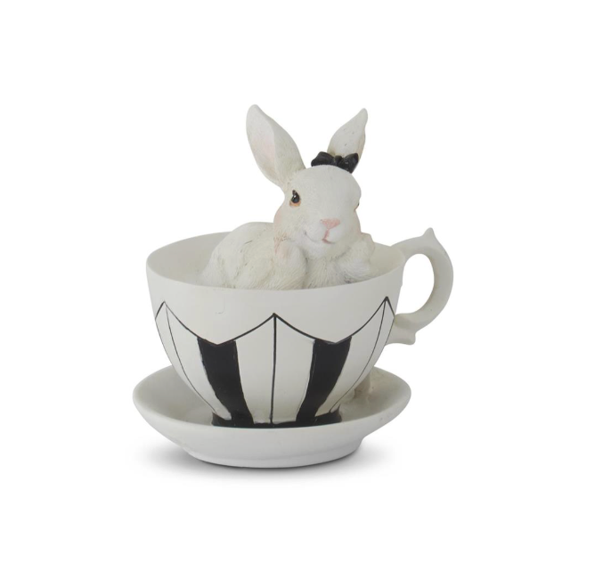 3.25" White Resin Bunnies in Black & White Teacups (Various Styles)