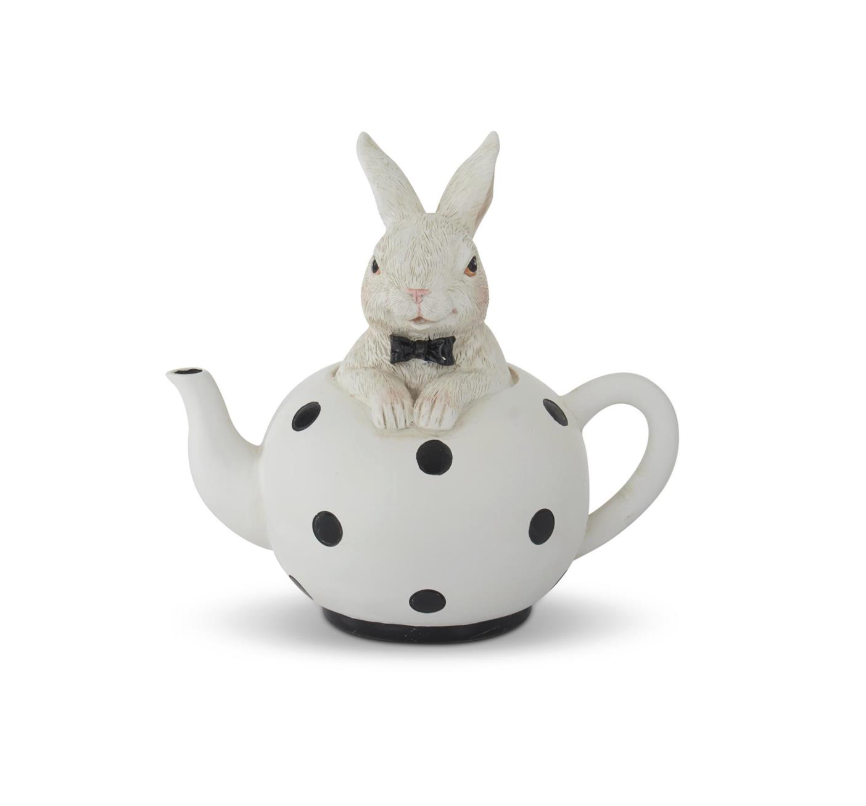 5.75" White Resin Bunnies in Black & White Teapots (Various Styles)