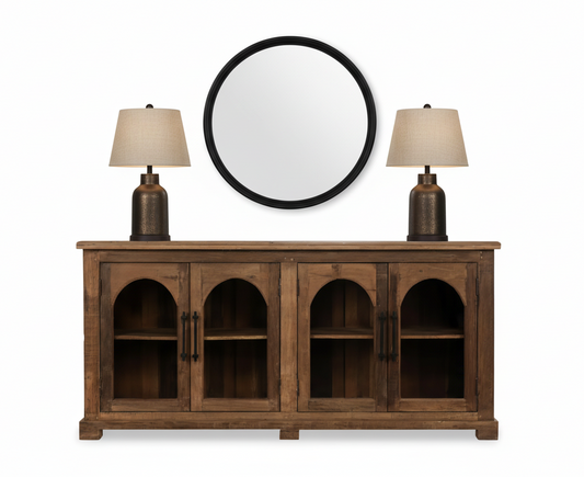 Wooden cabinet with arched doors on a white background