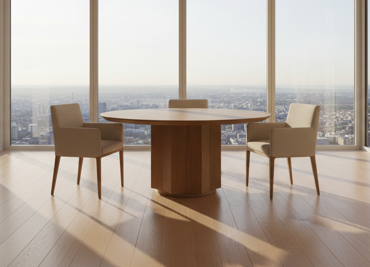 Modern dining room with a round table and chairs in front of large windows with a cityscape view.
