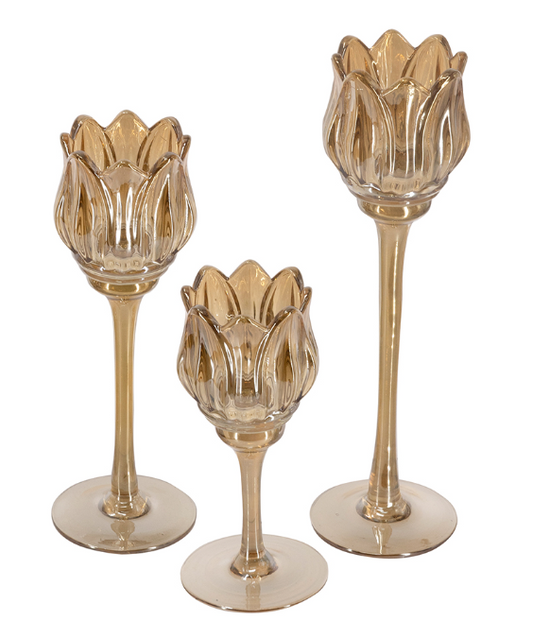 Amber Glass Tulip Candle Holders, Set of 3