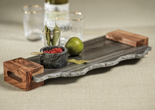 Nairobi Gray Marble Tray w/ Acacia Handles