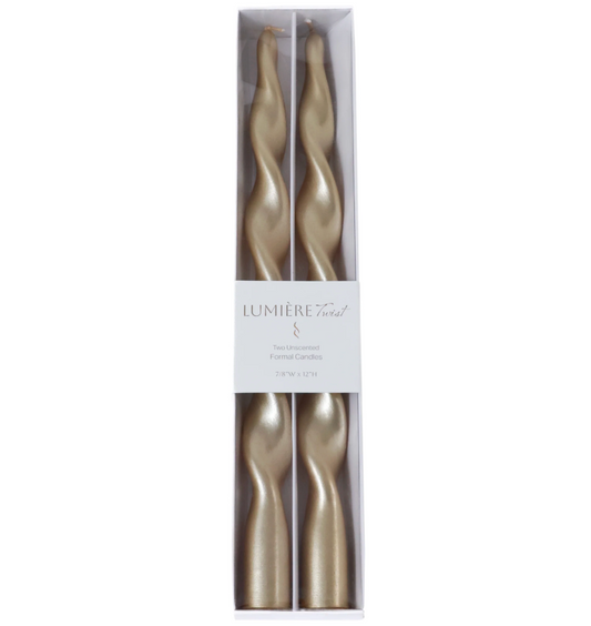 12" Lumière Twist Tapered Gold Candles, Set of 2