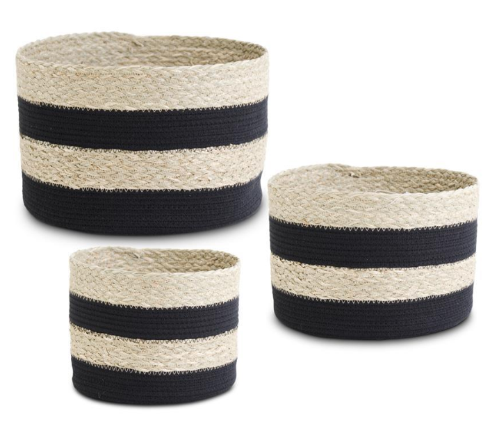 Round Black Striped Seagrass and Rope Baskets (Various Sizes)