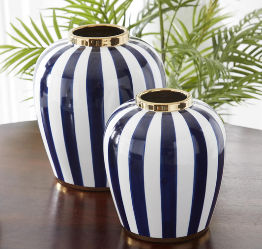 Blue & White Striped Ceramic Vases w/ Gold Rims (Various Sizes)