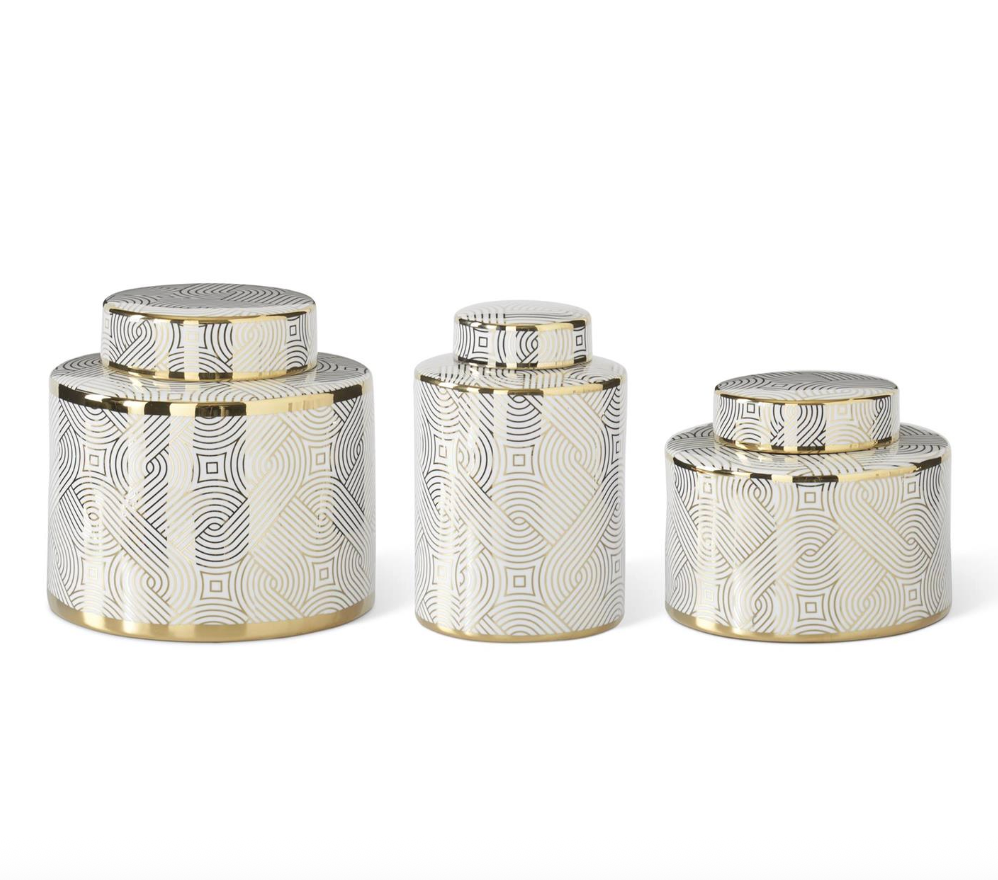 White & Gold Ceramic Ginger Jars, Set of 3