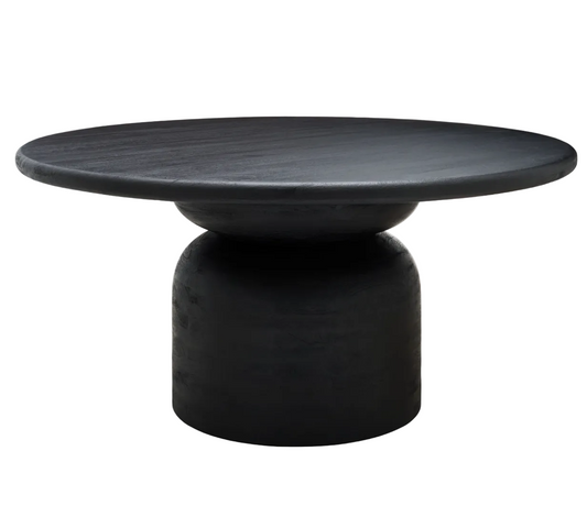 Black round mango wood dining table on a white background