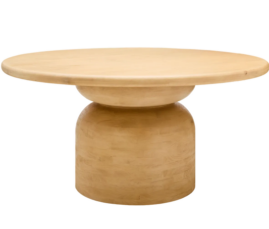 Wooden side table with a round top and cylindrical base on a white background