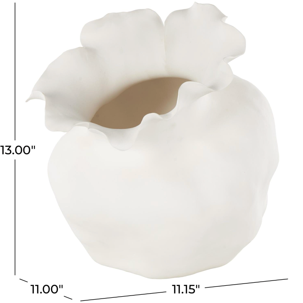 White Abstract Floral Vase w/ Wavy Rim, Large