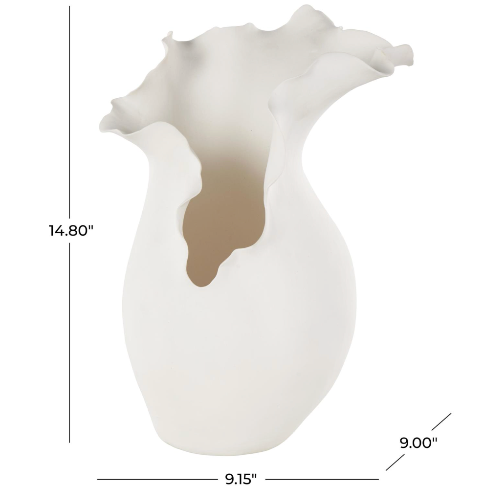 White Abstract Floral Vase w/ Wavy Rim