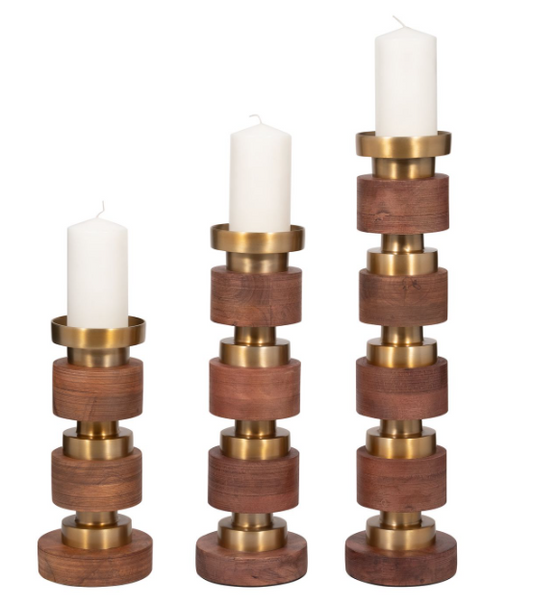 Hollis Wood & Gold Candleholders, Set of 3