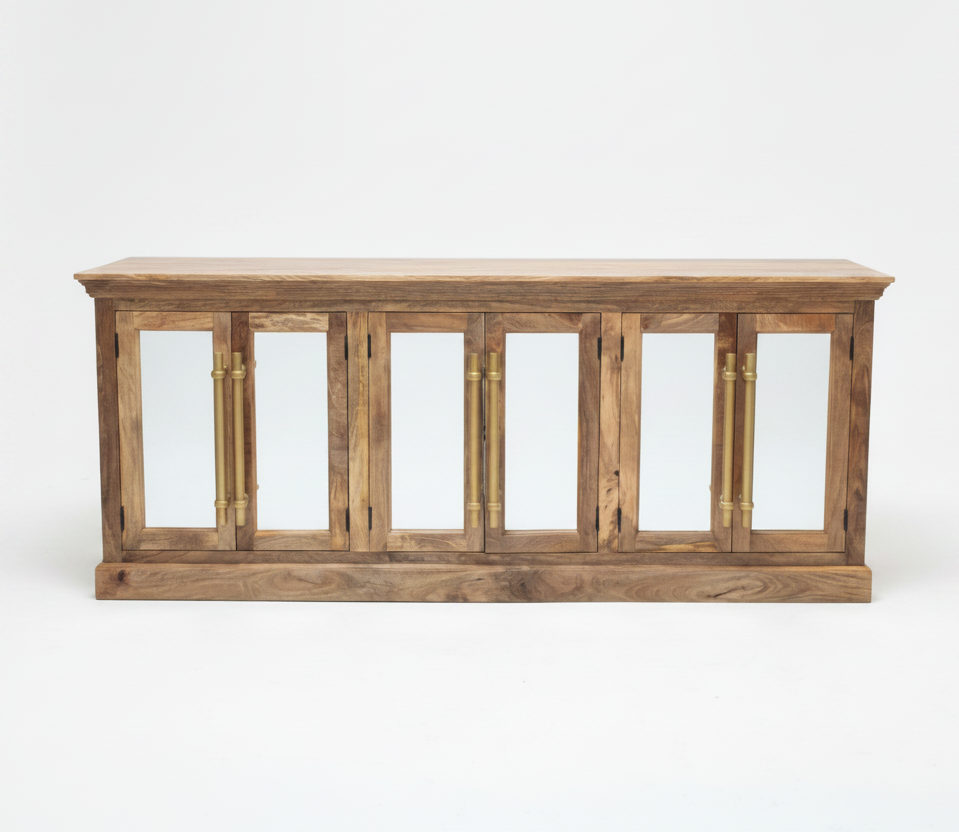 Wooden console table with glass panels on a white background