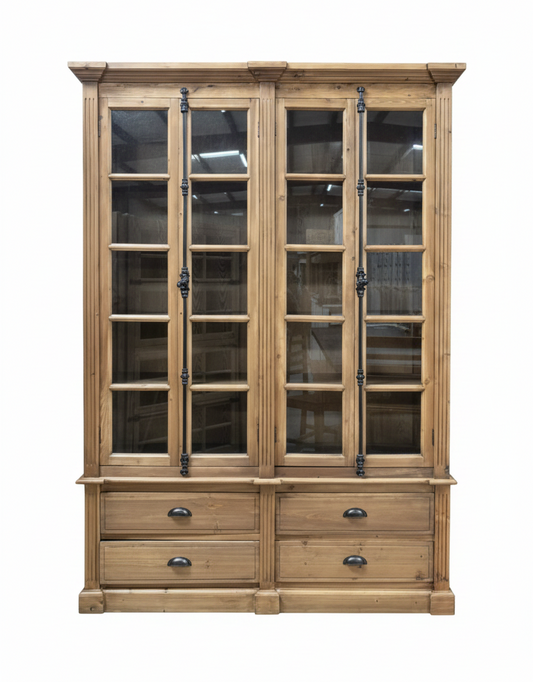 Wooden cabinet with glass doors and drawers in a room setting